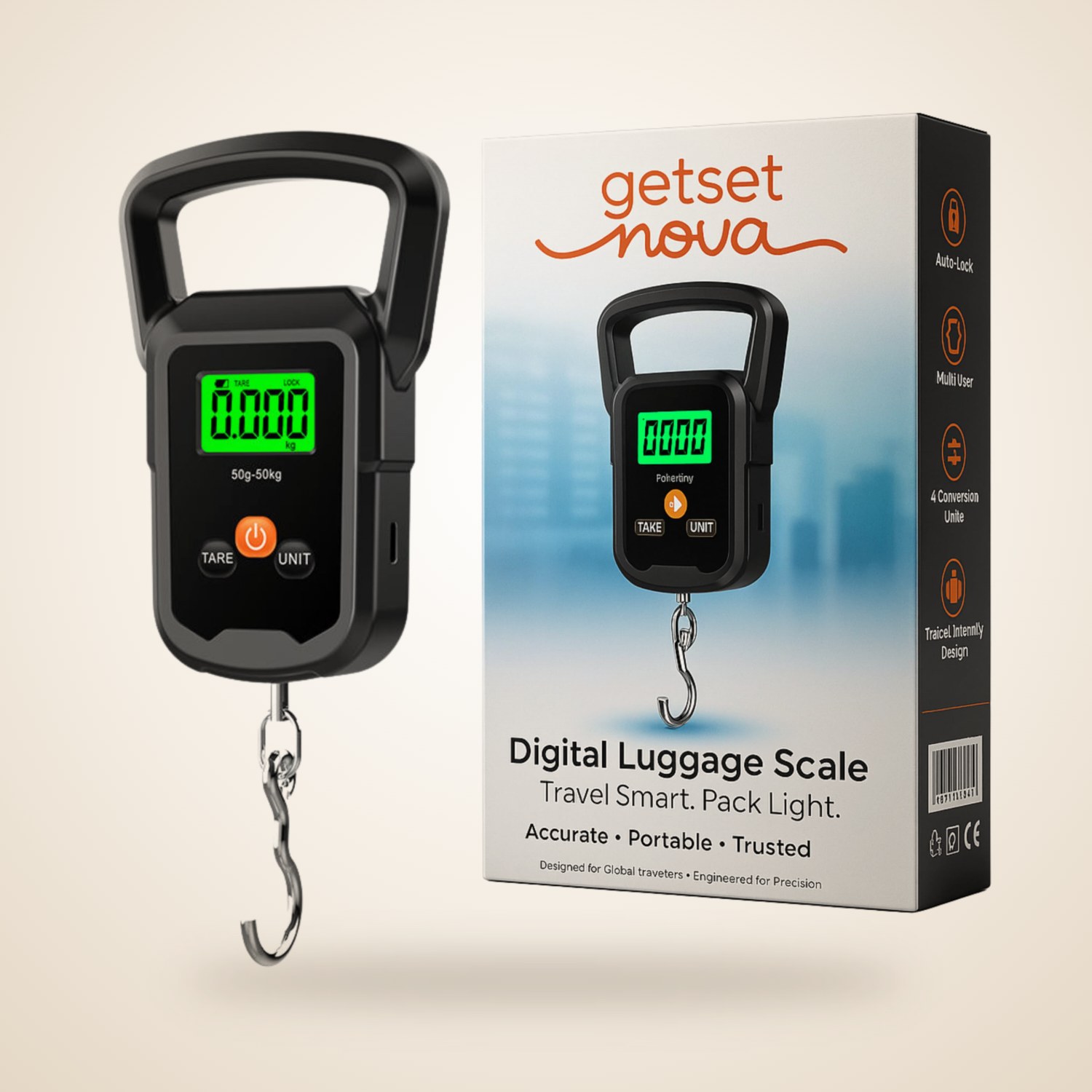Digital luggage scale and its GetSetNova retail box on a warm studio backdrop