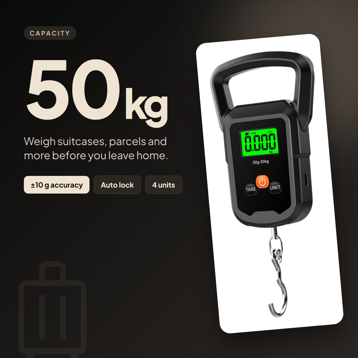 Weighs bags up to 50 kg with ±10 g accuracy, auto lock and 4 units