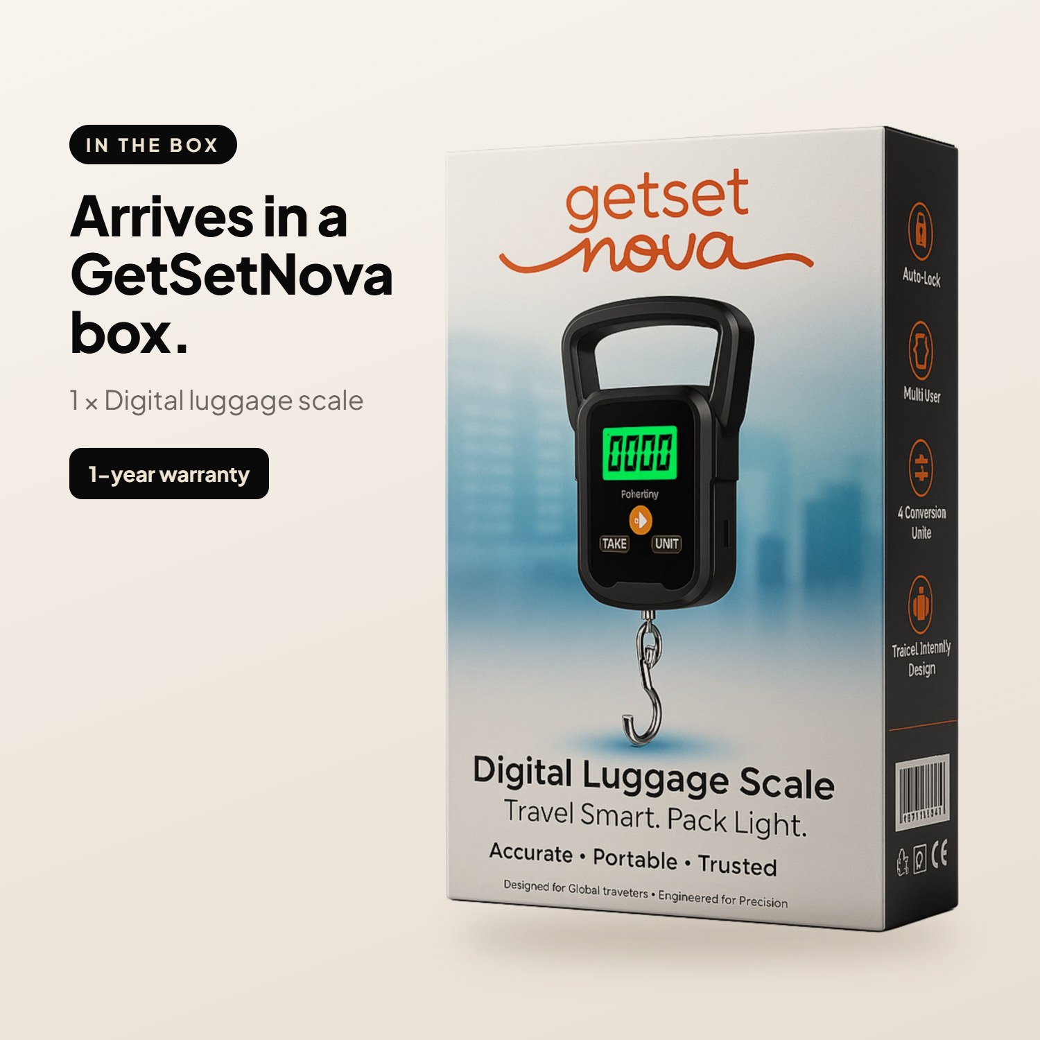 The GetSetNova retail box for the digital luggage scale